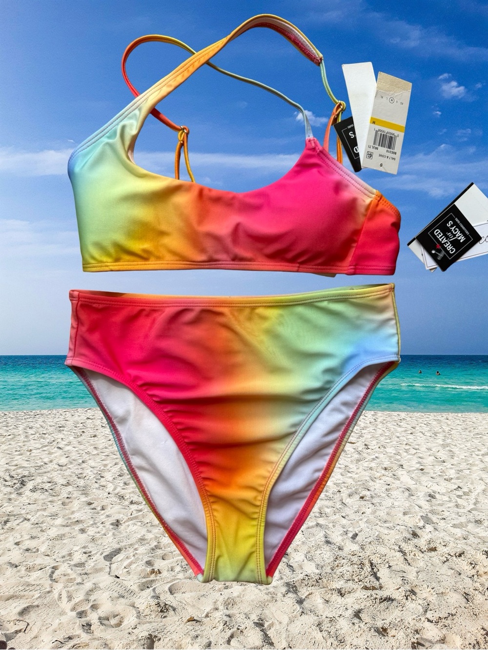 NEW Salt + Cove 2 piece bikini Set Rainbow Ombre with Crisscross Straps - Size M